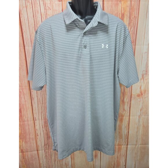 Under Armour Mens HeatGear Polo Shirt 2XL Gray & White Striped Loose Fit - Picture 1 of 8